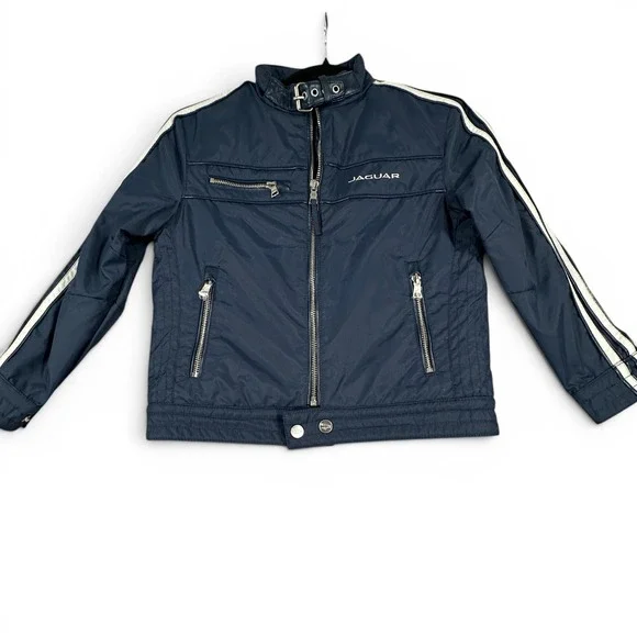 Jaguar Moto Jacket Kids Size 5/6 Navy Blue Racing Stripe Buckle Neck Cafe Racer