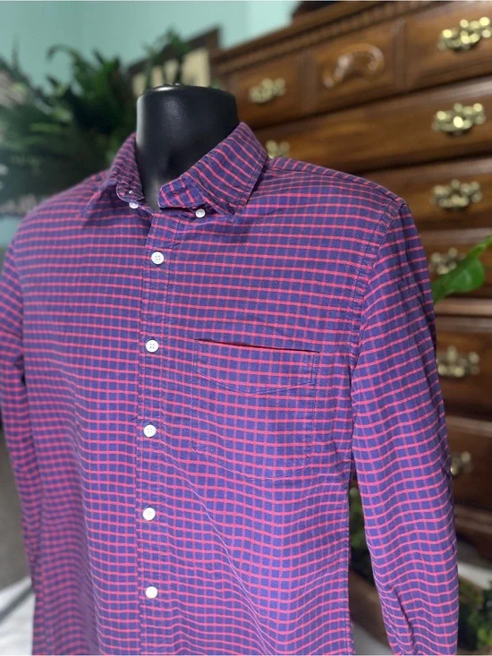 J. Crew Navy and Red Check Button-Down Shirt size M