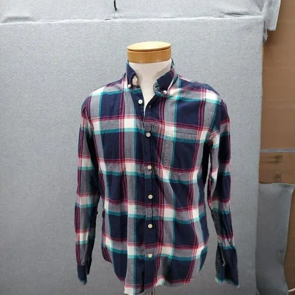 J Crew Mens Size Medium‎  Blue White Red  Plaid Flannel Shirt Slim Fit Casual
