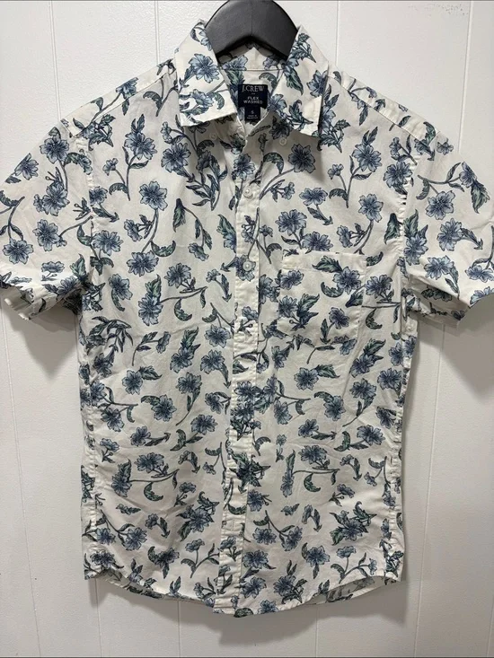 J. Crew White Short-Sleeve Button-Down with Blue Floral Print