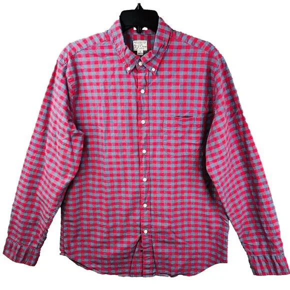 J CREW Shirt Mens L Blue Red Classic Fit Button Secret Wash Organic Cotton