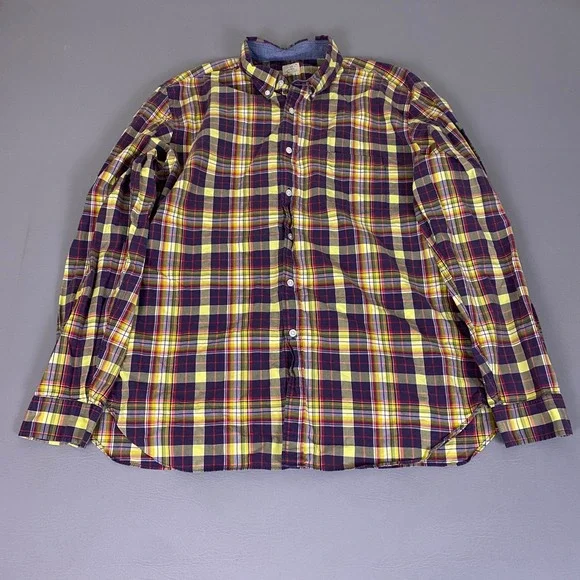 J.Crew 2 Ply‎ Button Down Shirt Men's Size XL Plaid Purple Yellow 100% Cotton