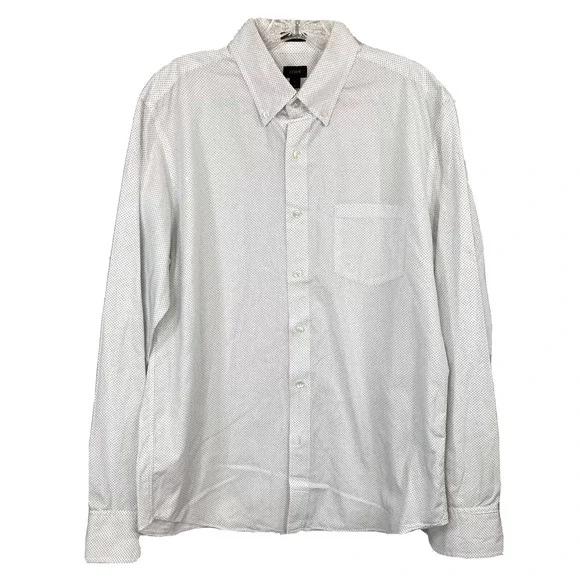 J. Crew Shirt Mens Sz L White Navy Blue Polka Dot Cotton Slim‎ Fit Button Up