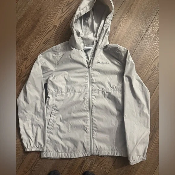 Columbia Light Gray Hooded Windbreaker Jacket M Lightweight Waterproof