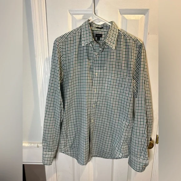 J‎ Crew Men’s Long Sleeve Button Up Slim Small Green Grey Plaid Checkered