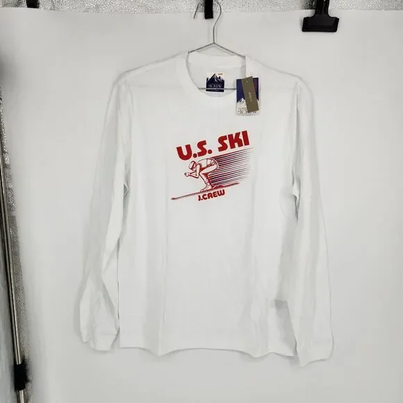 NWT J Crew Men's Small White U.S Ski Long Sleeve Graphic Tee Premium Weight