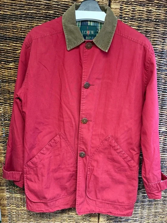 J. Crew Vintage Men’s Red Jacket with Tan Corduroy Collar- Chore Jacket, XSmall