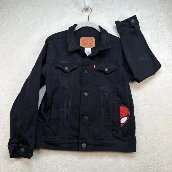 Levi's Spider Man‎ Denim Trucker Jacket Boys Medium Black Comic Patchwork Custom
