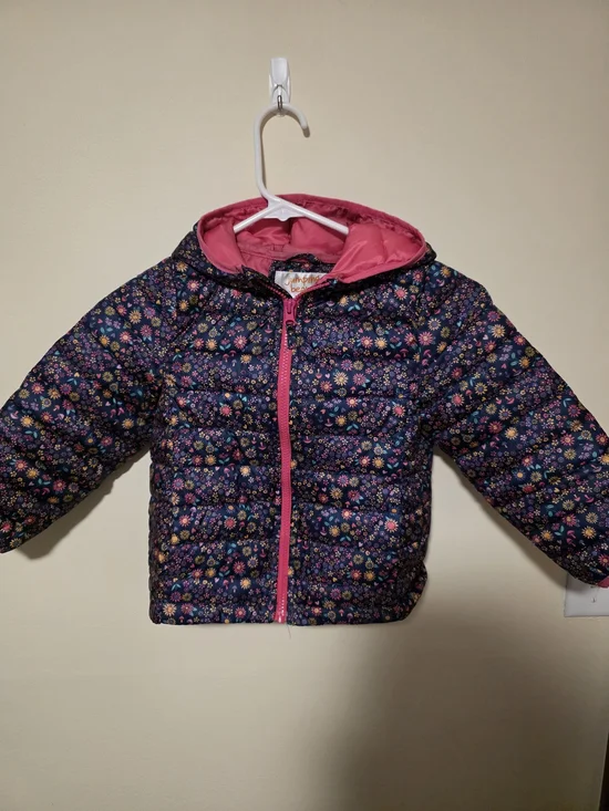 Jumping Beans Girls' Floral Navy Puffer Jacket with Pink Trim