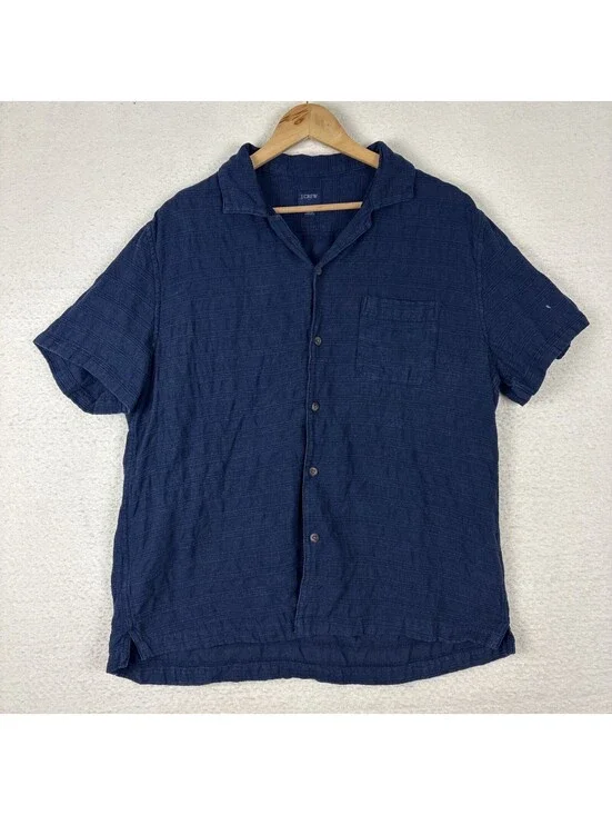 J.Crew Linen Cotton Open Collar Button Shirt Navy Blue Short Sleeve Men’s Large