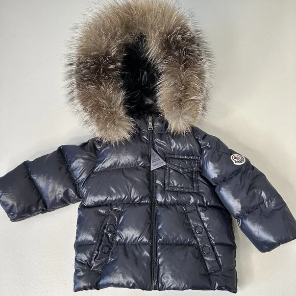 Moncler K2 Hooded Down Jacket Fox‎ Fur Trim Navy Size 6 to 9 months Baby