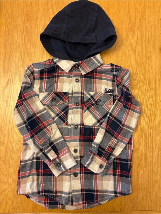 Checked Hooded Lightweight Flannel Shirt/Jacket - Navy/Red - size 6