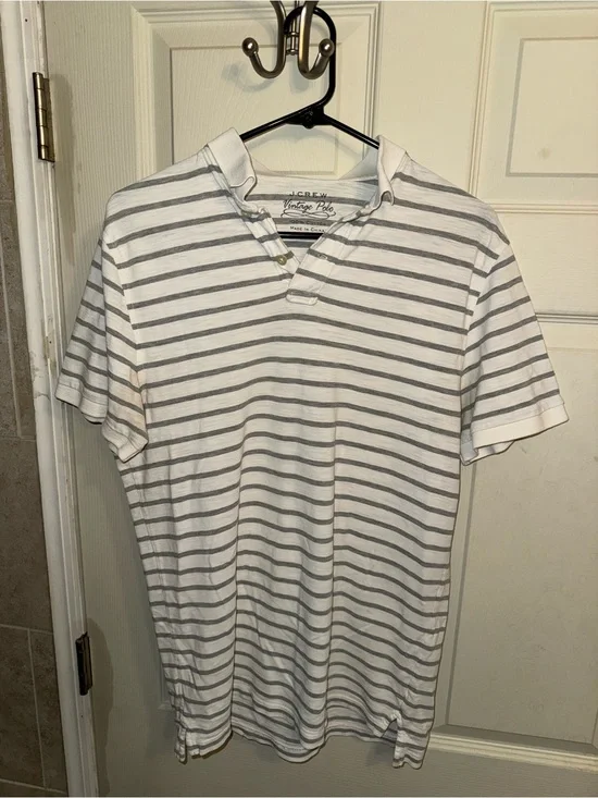J. Crew White and Gray Striped Short-Sleeve Polo