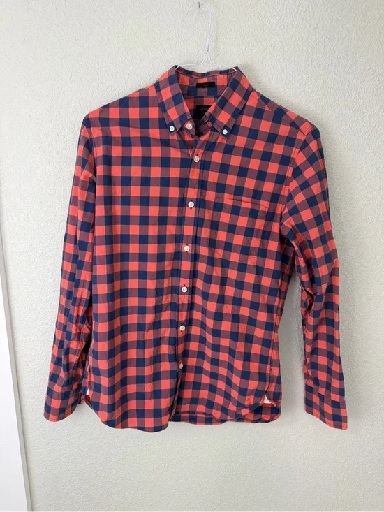 J. Crew Orange and Navy Check Button-Down Shirt Sz Small Slim Fit