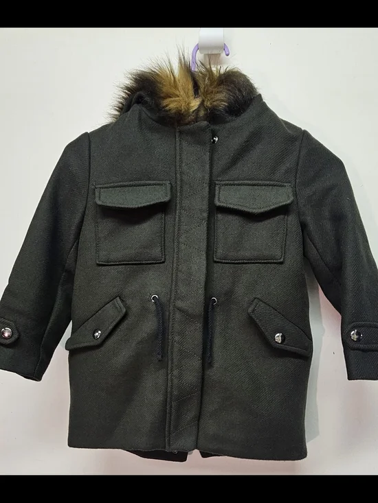 Zara Kids Dark Olive Green Pea Coat with Faux Fur Trim