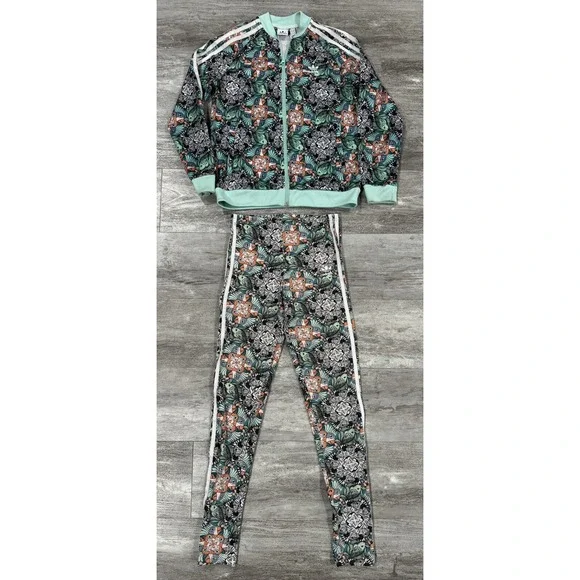 ADIDAS Jungle Tropical Parrot Zebra Print Track Jacket & Pants Set Girl L 13-14Y