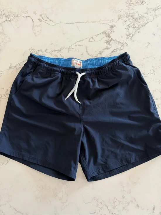 J. Crew Men’s Navy Swim Trunks with Light Blue Liner and White Drawstring