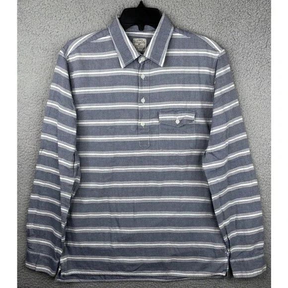 J. Crew Camp Collared Shirt Mens Medium Blue White Striped Twill 100% Cotton