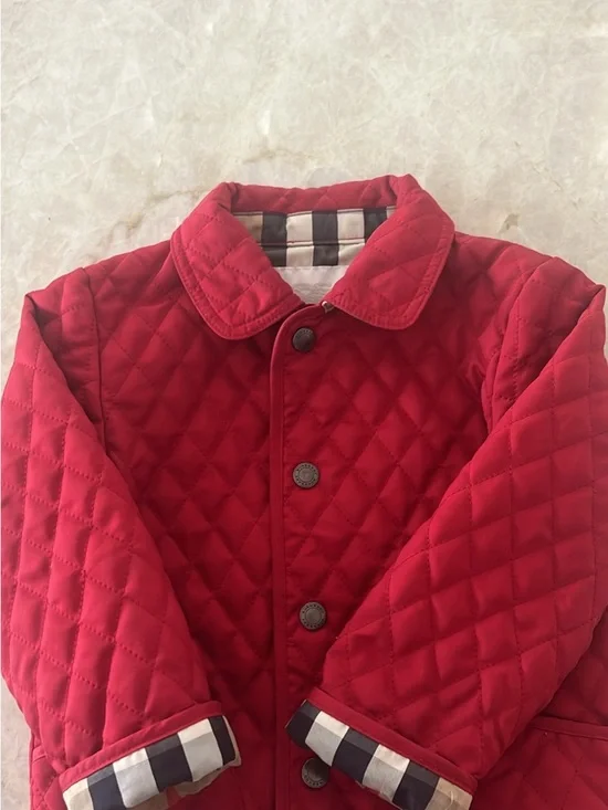 Burberry Red Quilted Kids Puffer Jacket with Check Cuffs