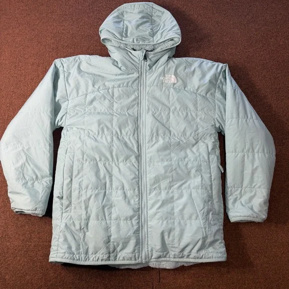 The North Face Girls XL 14/16 Reversible Mossbud Swirl Jacket Light Blue Hooded
