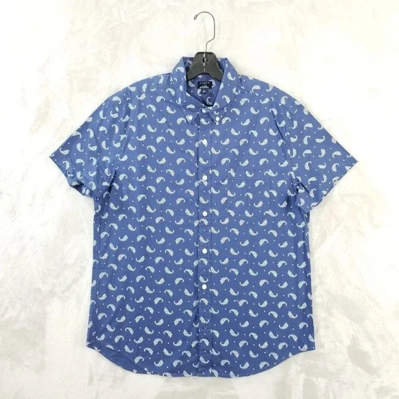 J Crew Shirt Men Large Blue Cotton Stretch Paisley Short Sleeve Prep Flex Washed