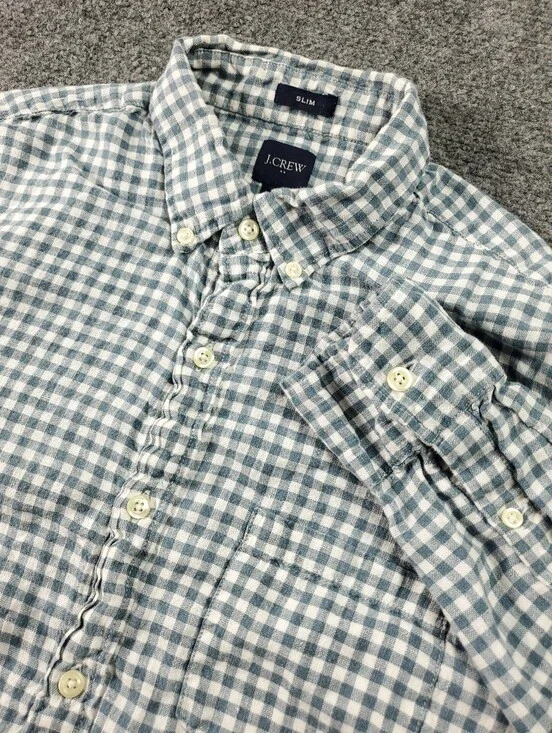 J Crew Linen Shirt Medium Gingham Check Button Down Oxford Blue White Summer