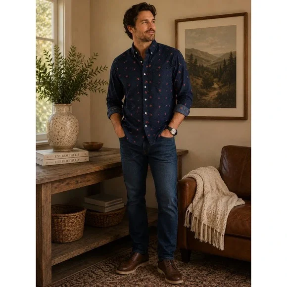 J Crew Shirt Mens Large Blue Black Floral  Button Down Preppy Classic Aesthetic
