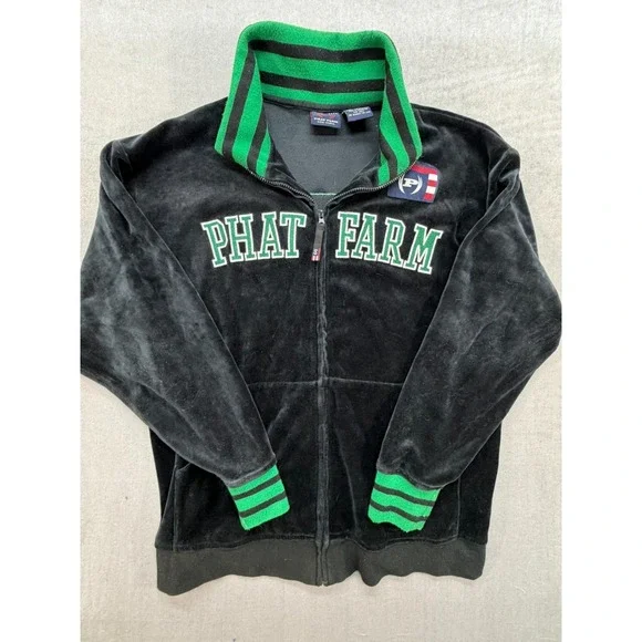 Youth Phat Farm Zip Up Jacket Black Green Size Large 14/16
