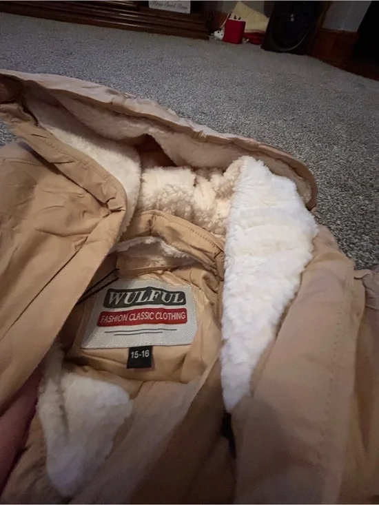 Kids Neutral Tan Puffer Jacket with Sherpa Hood -