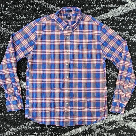 J. CREW 100% Cotton Summer Plaid Slim Fit Button Down LS Shirt Red Blue Mens LG