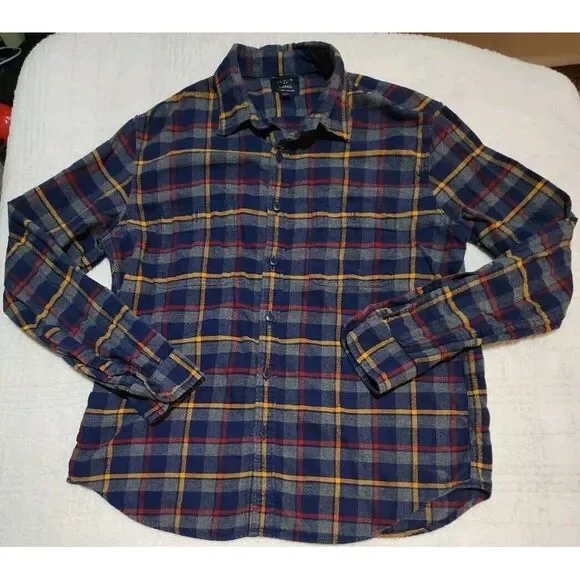J.Crew Flannel Shirt Mens Large Blue Yellow Plaid Long Sleeve Preppy‎
