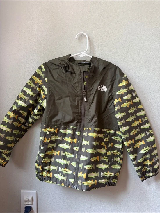 The North Face Olive Green Kids' Hooded Fish-Print Windbreaker
