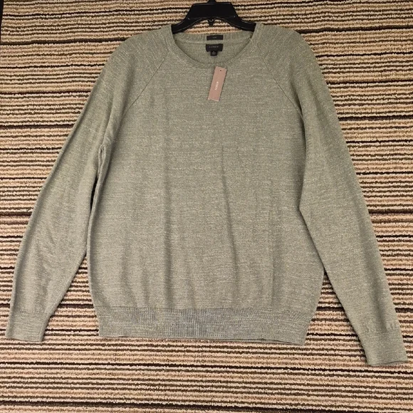 J‎ CREW Green Weave Cotton Knit Mens Large Slim Crewneck Sweater C8445 NEW