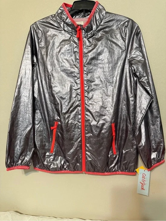 Cat & Jack Metallic Silver Jacket with Red Trim