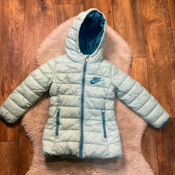 Nike Puffer Coat Size XS 4 Girls With‎ Hood Insulated Winter Teal Blue Kids