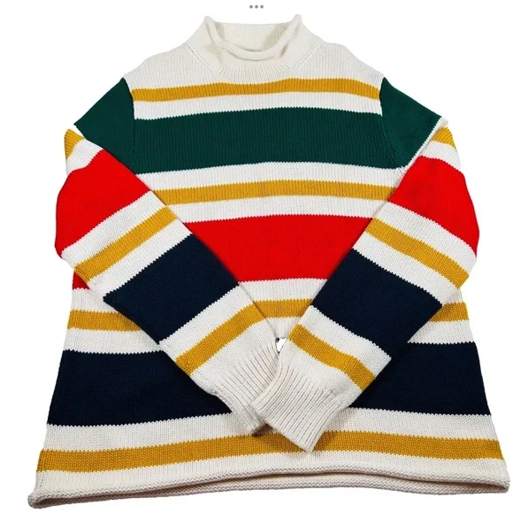J Crew Knit Roll Neck Sweater Cotton Fisherman Oarsman Stripes Mens SZ LG