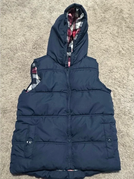 Boys Gymboree Navy Puffer Hooded Vest with Plaid Lining size 8