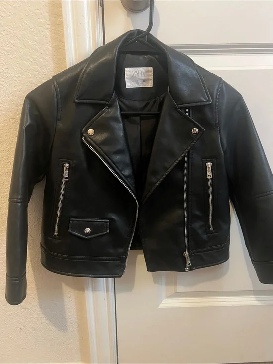 ZARA Black Faux Leather Biker Jacket with Silver Hardware