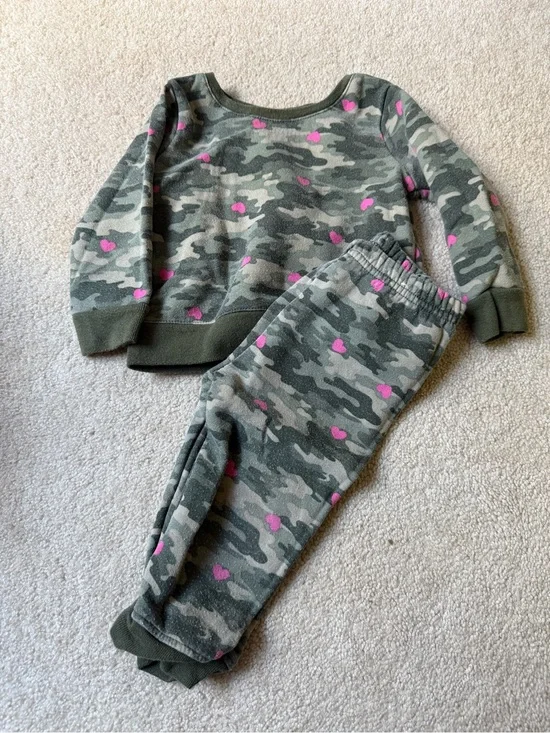 Kids Camo Heart Pajama Set - Olive Green with Pink Hearts
