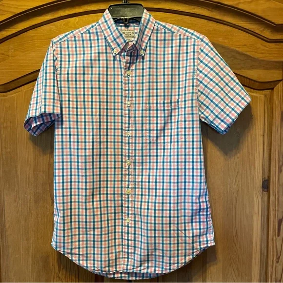 J Crew Short Sleeve Pink Blue White Check Checked Button Down Cotton Shirt Small