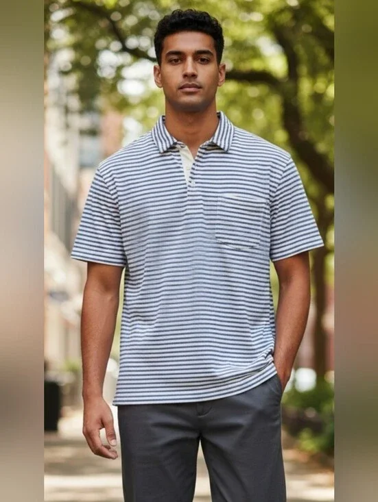 J. Crew Striped Blue and White Short Sleeve Polo with Pocket