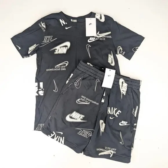 Nike Boys Large Black & White Logo Shorts & Tee Set