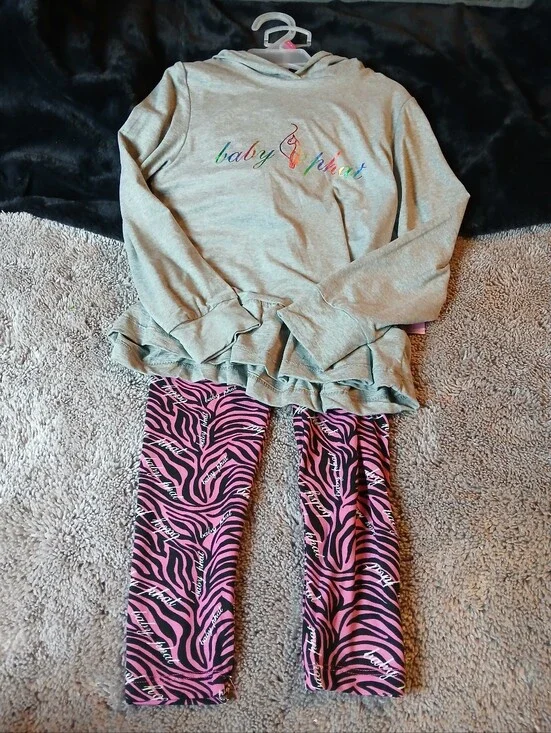 Baby Phat Girls NWT Gray Rainbow Logo Hoodie & Pink Zebra Leggings Set Size 5/6