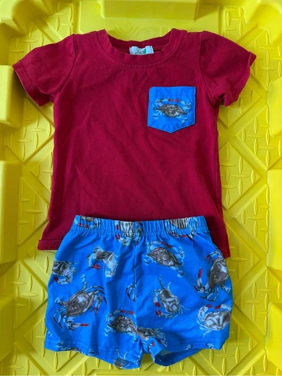 Red Tee with Blue Crab Pocket and Matching Crab Shorts