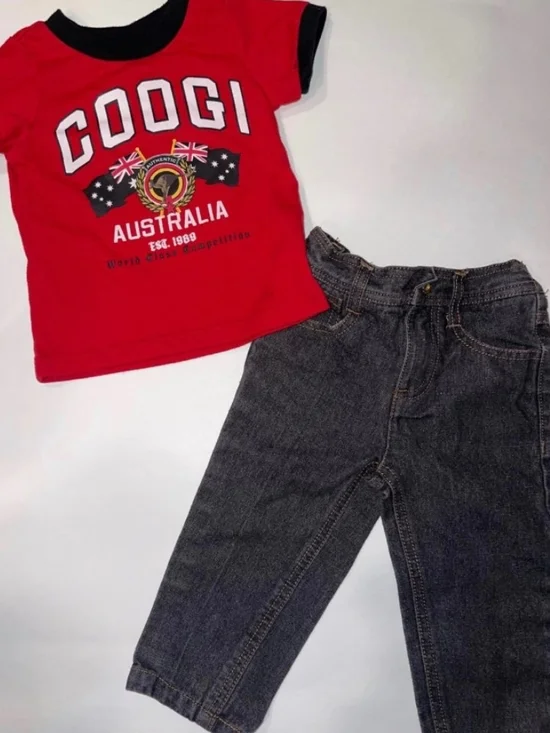 COOGI Red Tee with Black Trim & Dark Denim Pants