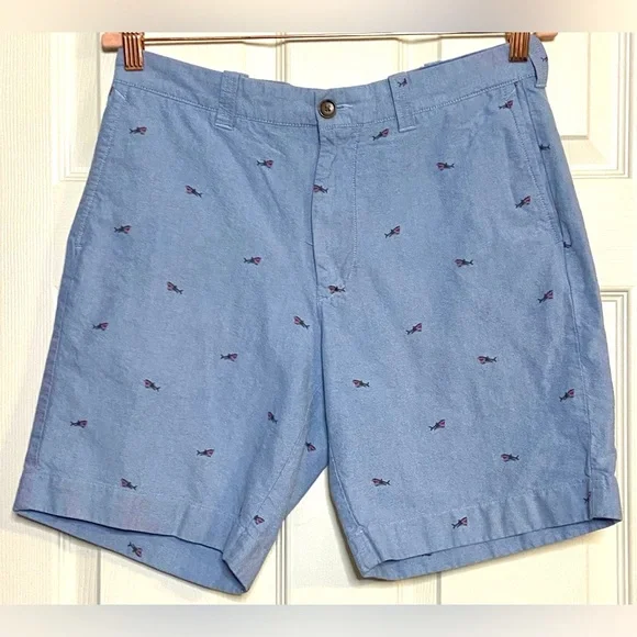 J.Crew 32W Gramercy Blue Cotton Embroidered Shark Pattern Mens Shorts