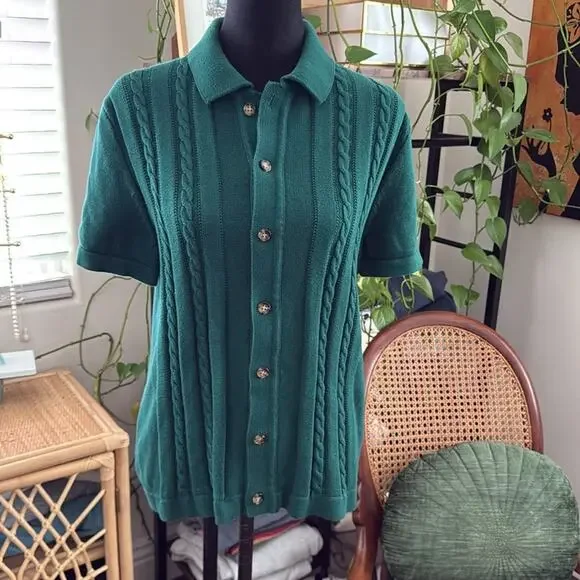 J.Crew Emerald Green Cable Knit Button Up Short Sleeve Mad Men Polo Sweater