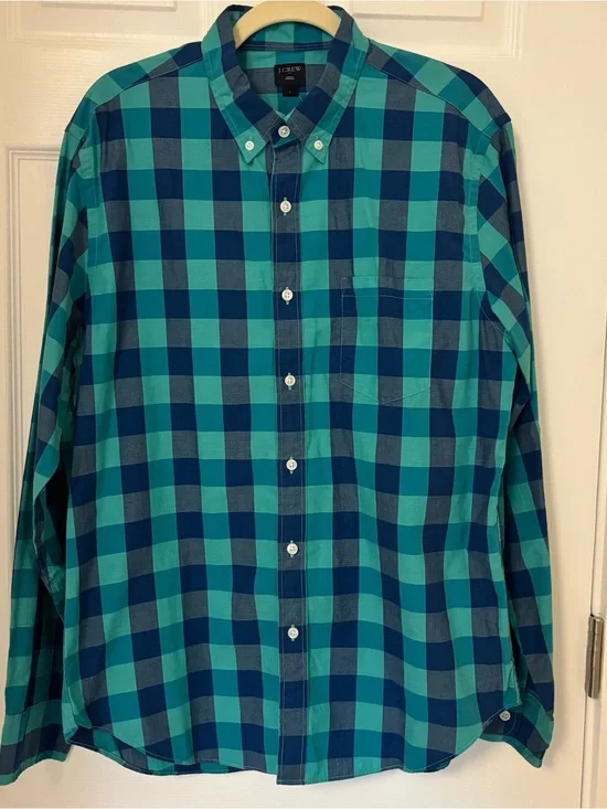 NWT J. Crew Men’s Teal & Navy Check Plaid Button-Down Shirt