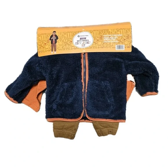 Member's‎ Mark Jacket Set Boys 12M Navy Orange Cozy 3pc Adventure Awaits Plush