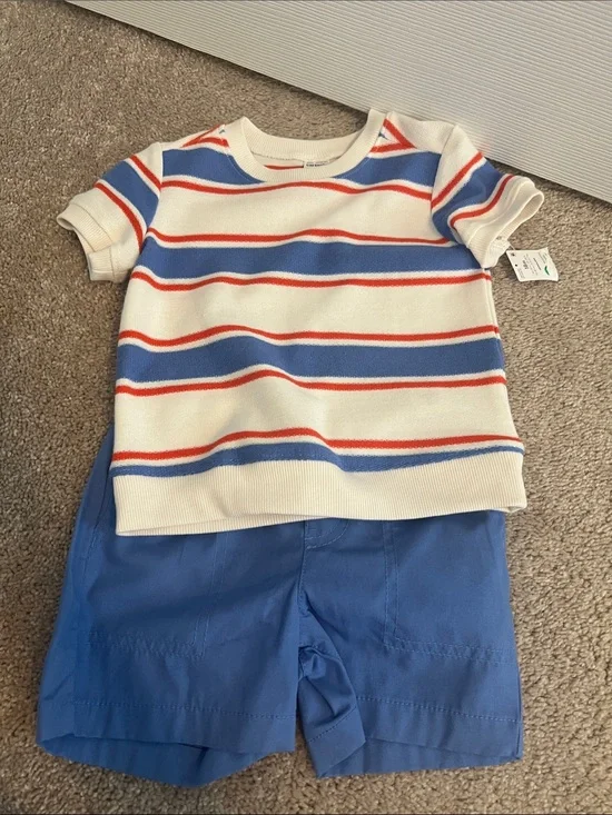 Carter's Cream Tee with Blue and Red Stripes with blue shorts